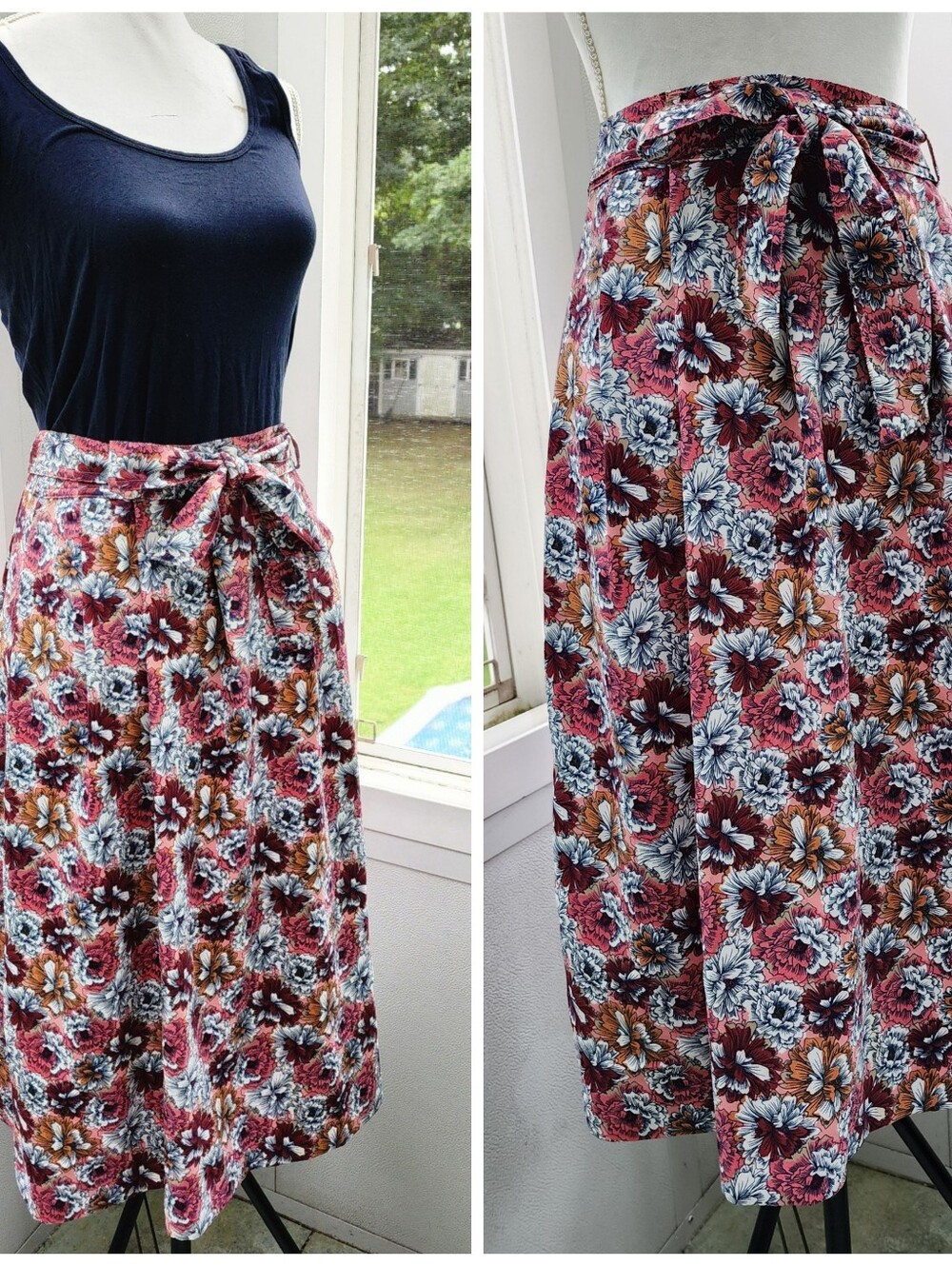 Banana Republic Floral Print Tie-Waist Midi Skirt - , Rust & Blue